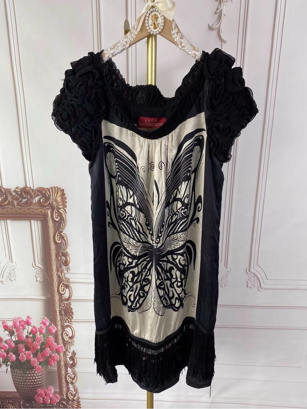Vintage 100%silk Butterfly Print Off Shoulder Mini Dress – Y2K Fairy Grunge